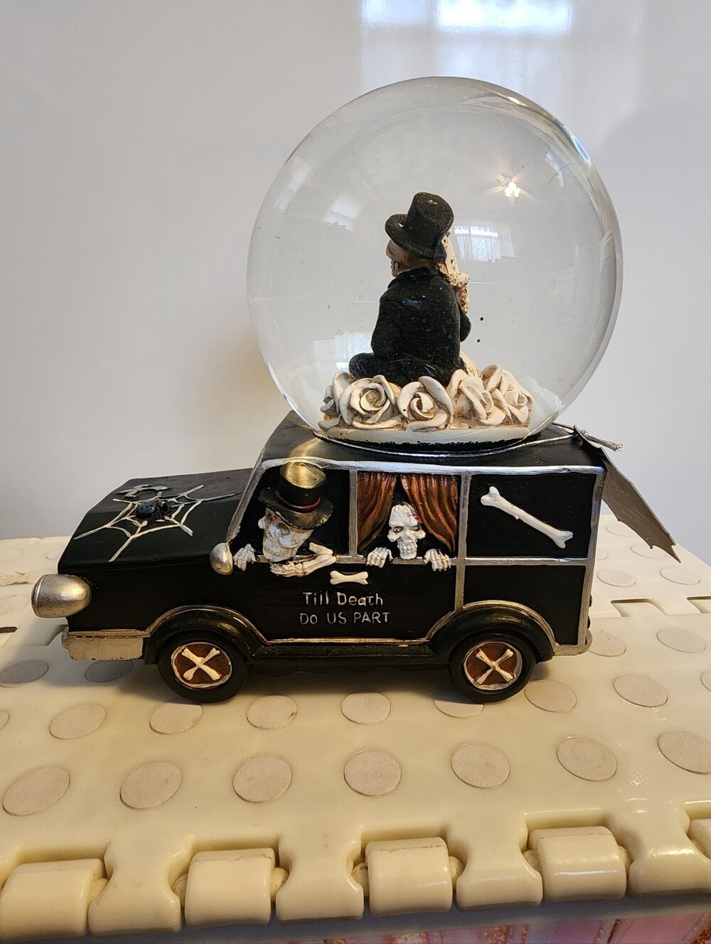 Halloween Gothic 'Till Death Do Us Part' Hearse Musical Snow Globe